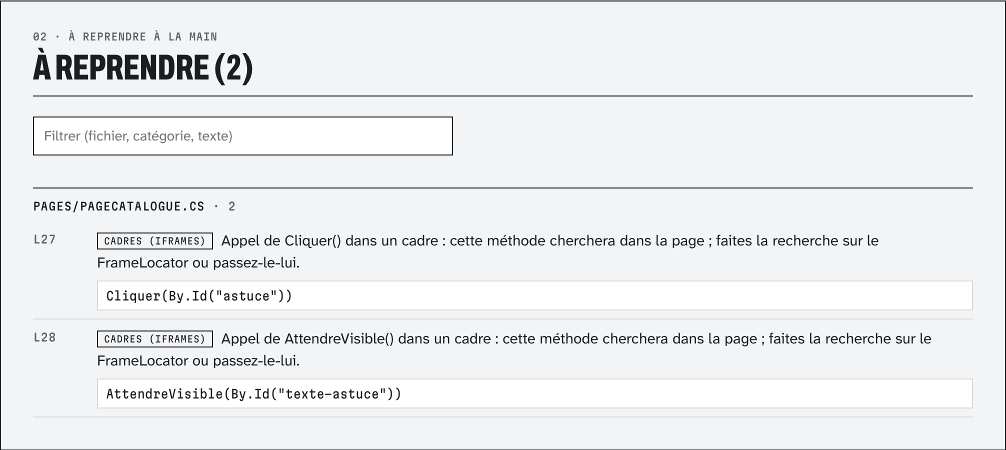 Liste des points à reprendre : fichier, ligne, catégorie, conseil et code concerné